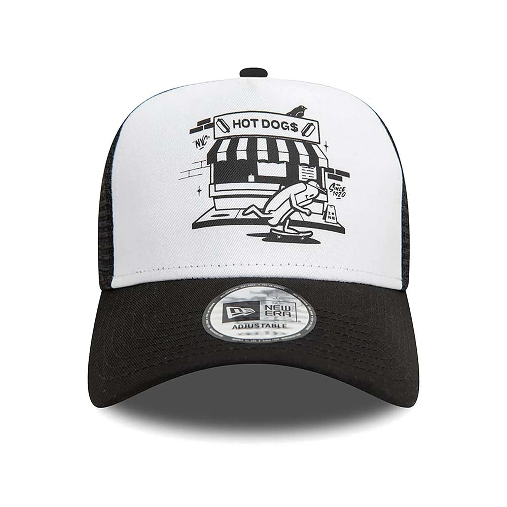 NEW ERA HOT DOG GRAPHIC WHITE A-FRAME TRUCKER CAP