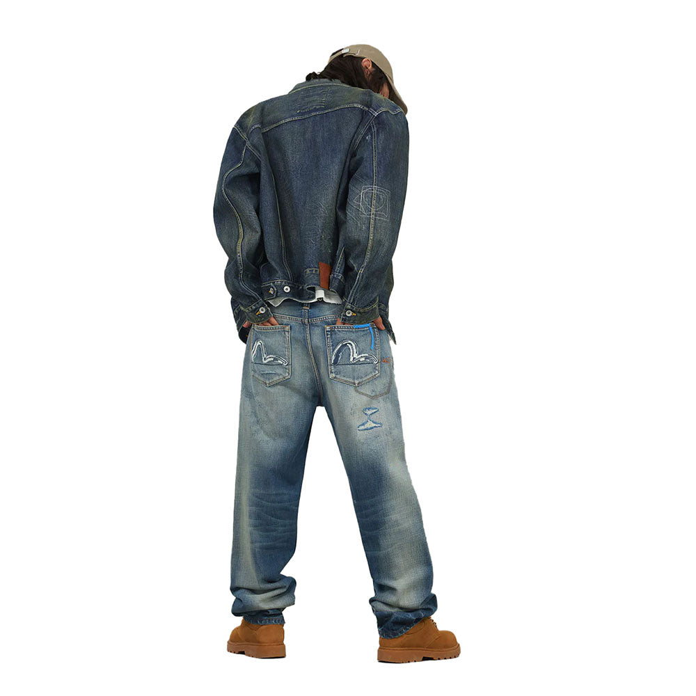 7-POCKET DESIGN WITH SEAGULL EMBROIDERY WASHED REGULAR FIT JEANS #2020